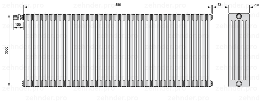 Схема (чертеж) Радиатор Zehnder Charleston 6300/41 №V012 Белый глянцевый RAL 9016